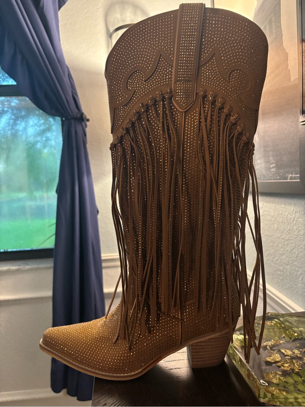 Fringed Western Knee-High Boot in Brown